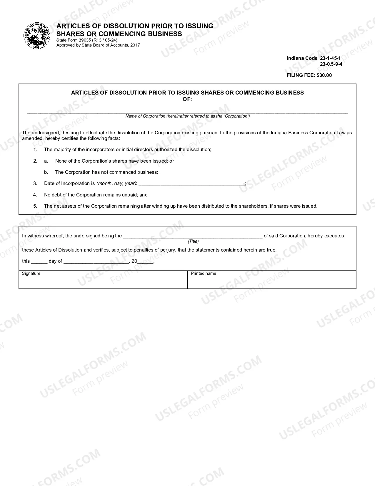 Preview 39035- Articles of Dissolution Prior to Issuing Shares or Commencing Business