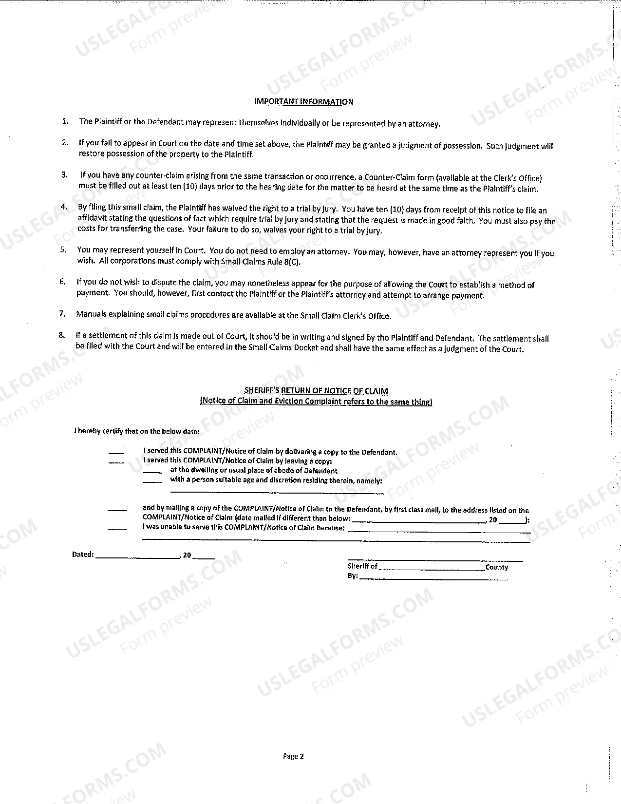 Preview Small Claims Eviction Complaint - Valparaiso