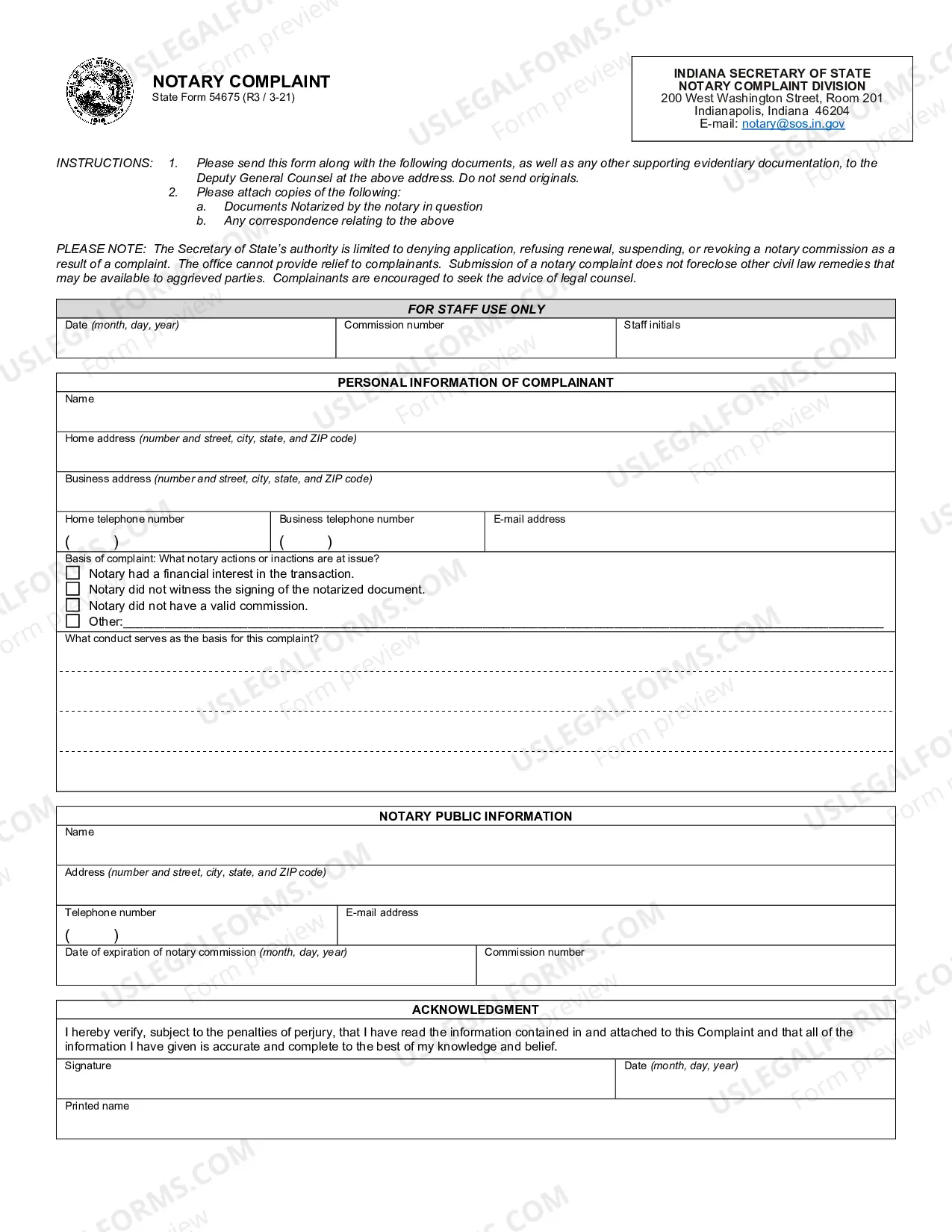 Preview Notary Complaint Form