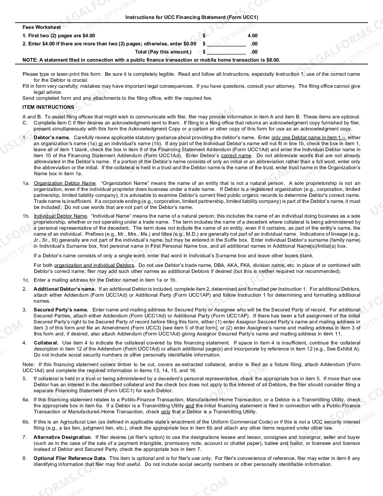 Preview Indiana UCC1 Financing Statement