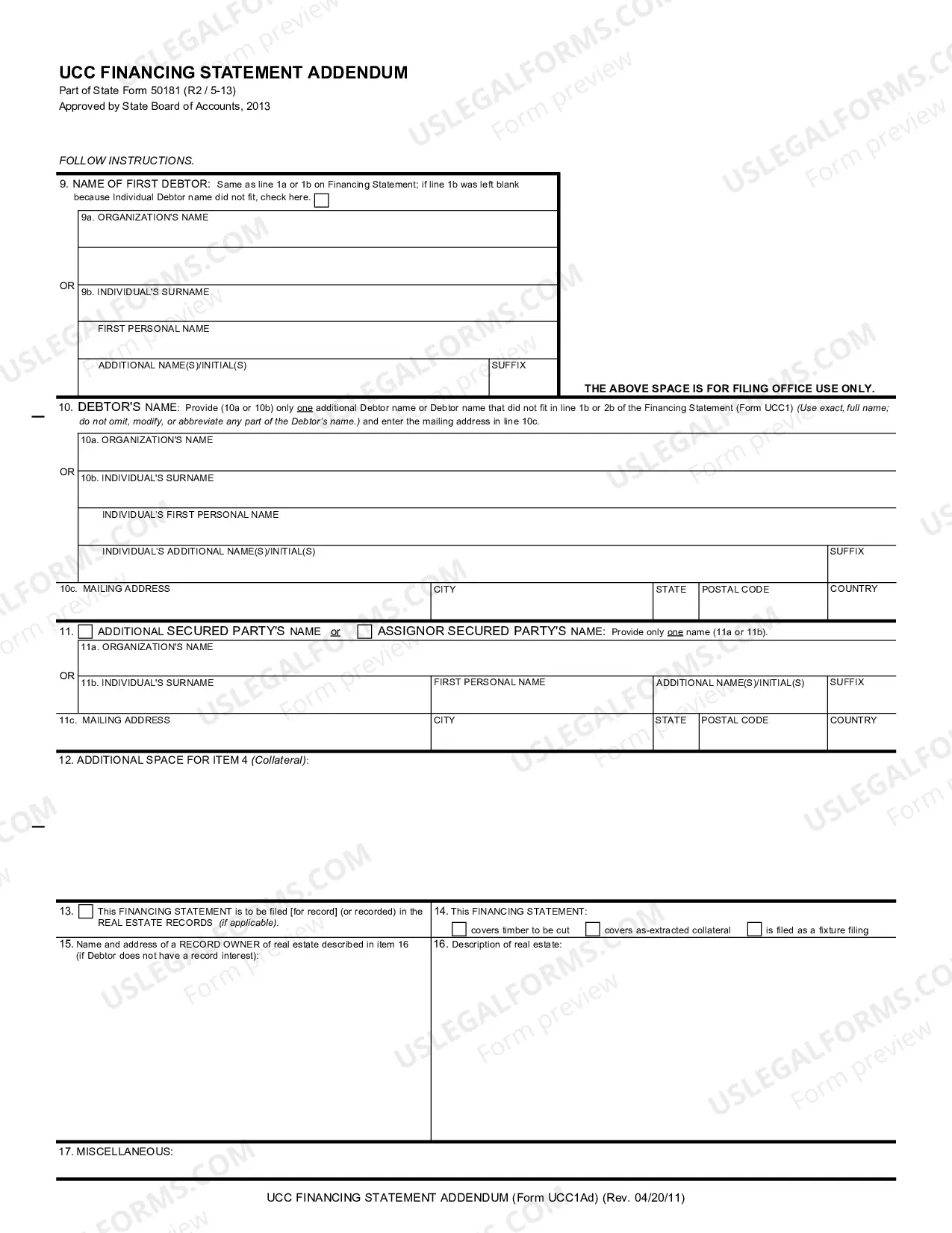Preview Indiana UCC1 Financing Statement