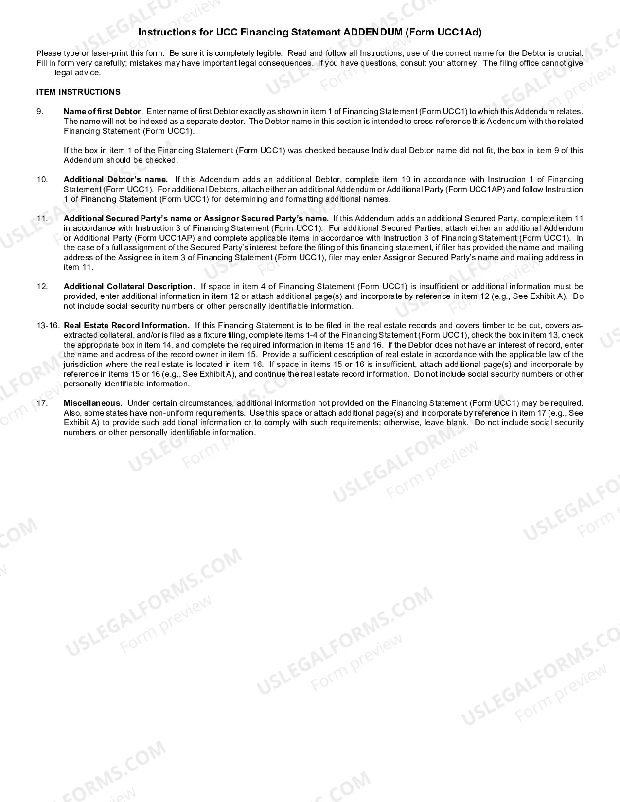 Preview Indiana UCC1 Financing Statement
