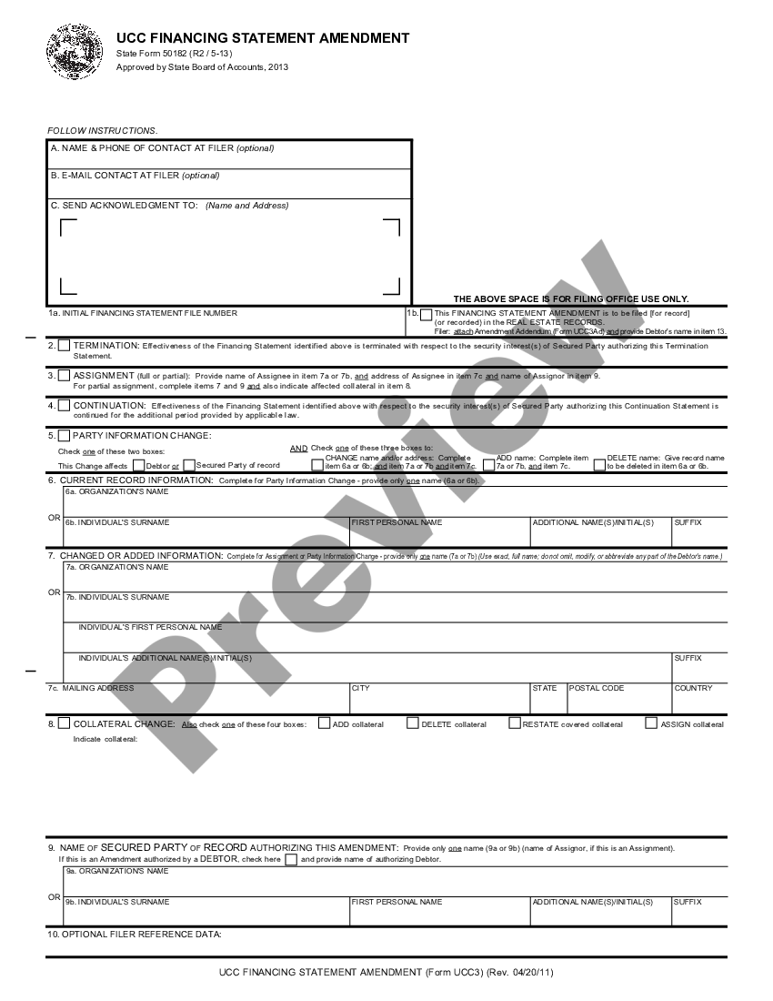 Indiana Ucc3 Financing Statement Amendment Indiana Ucc Search Us Legal Forms 8634