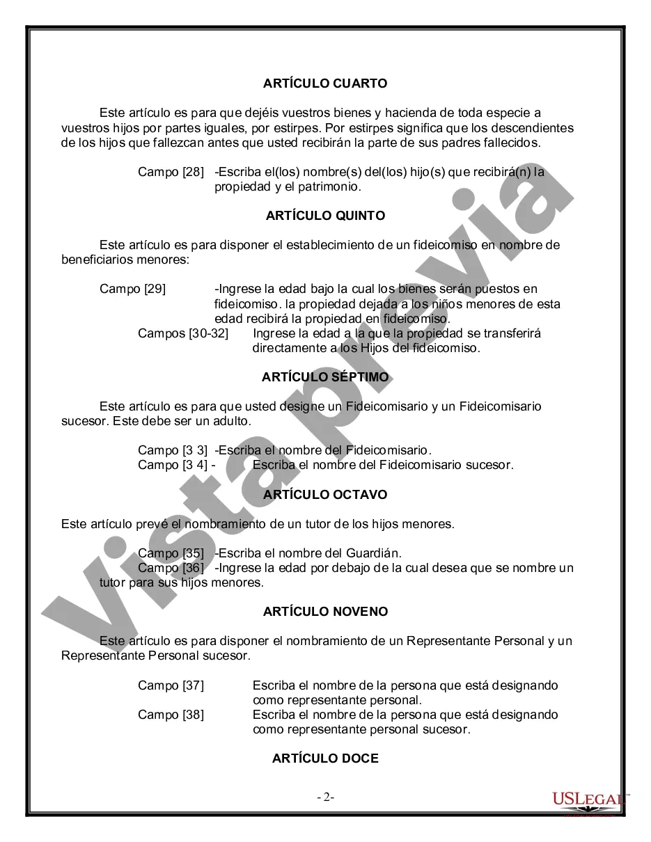 Preview Formulario Legal de Última Voluntad y Testamento para Persona Soltera con Hijos Adultos y Menores