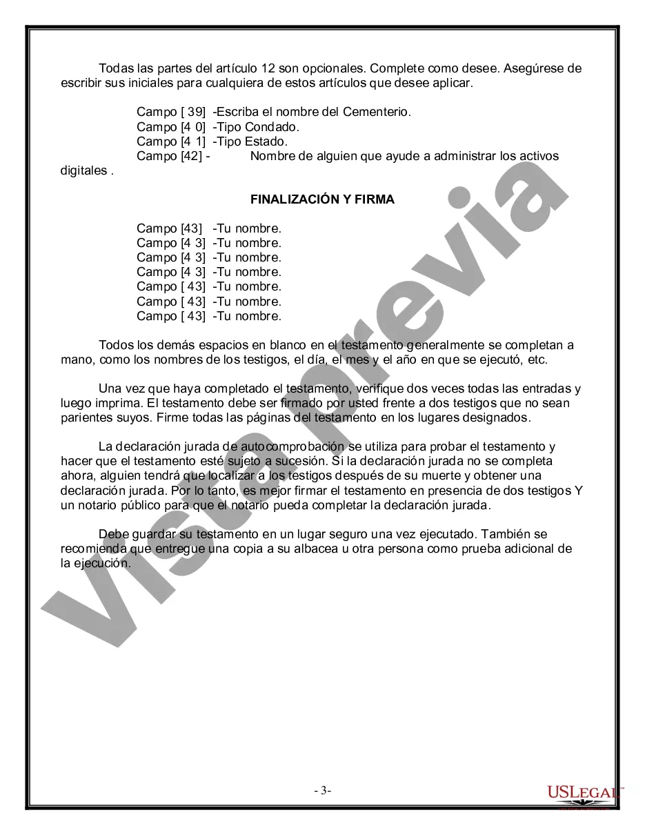 Preview Formulario Legal de Última Voluntad y Testamento para Persona Soltera con Hijos Adultos y Menores