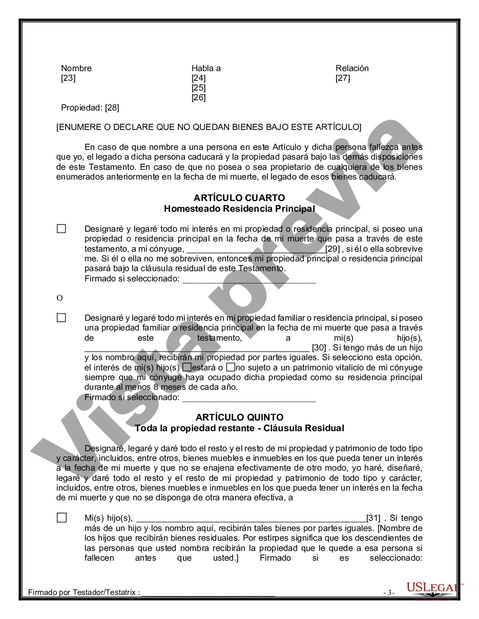 Preview Última voluntad y testamento legal para persona casada con hijos menores de edad de un matrimonio anterior
