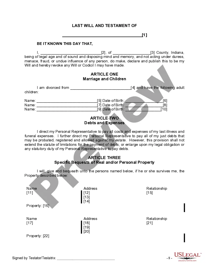Preview Last Will and Testament for Divorced person not Remarried with Adult Children