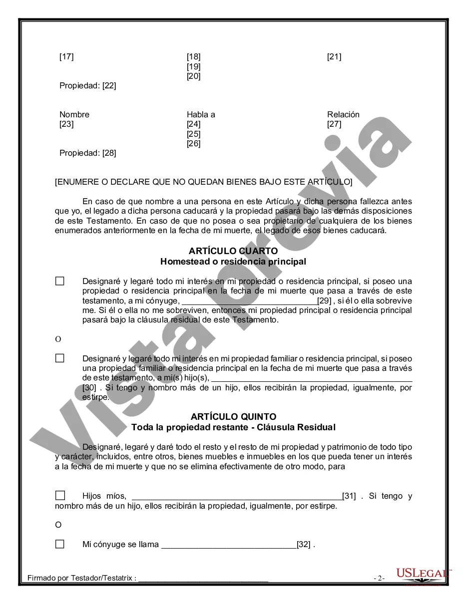 Preview Formulario de última voluntad y testamento legal para una persona casada con hijos adultos de un matrimonio anterior