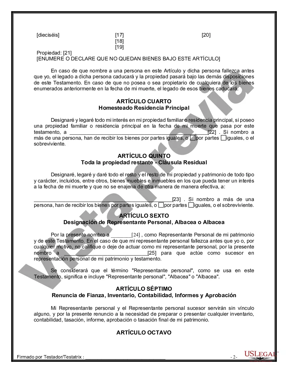 Preview Formulario de última voluntad y testamento legal para personas divorciadas que no se han vuelto a casar y no tienen hijos