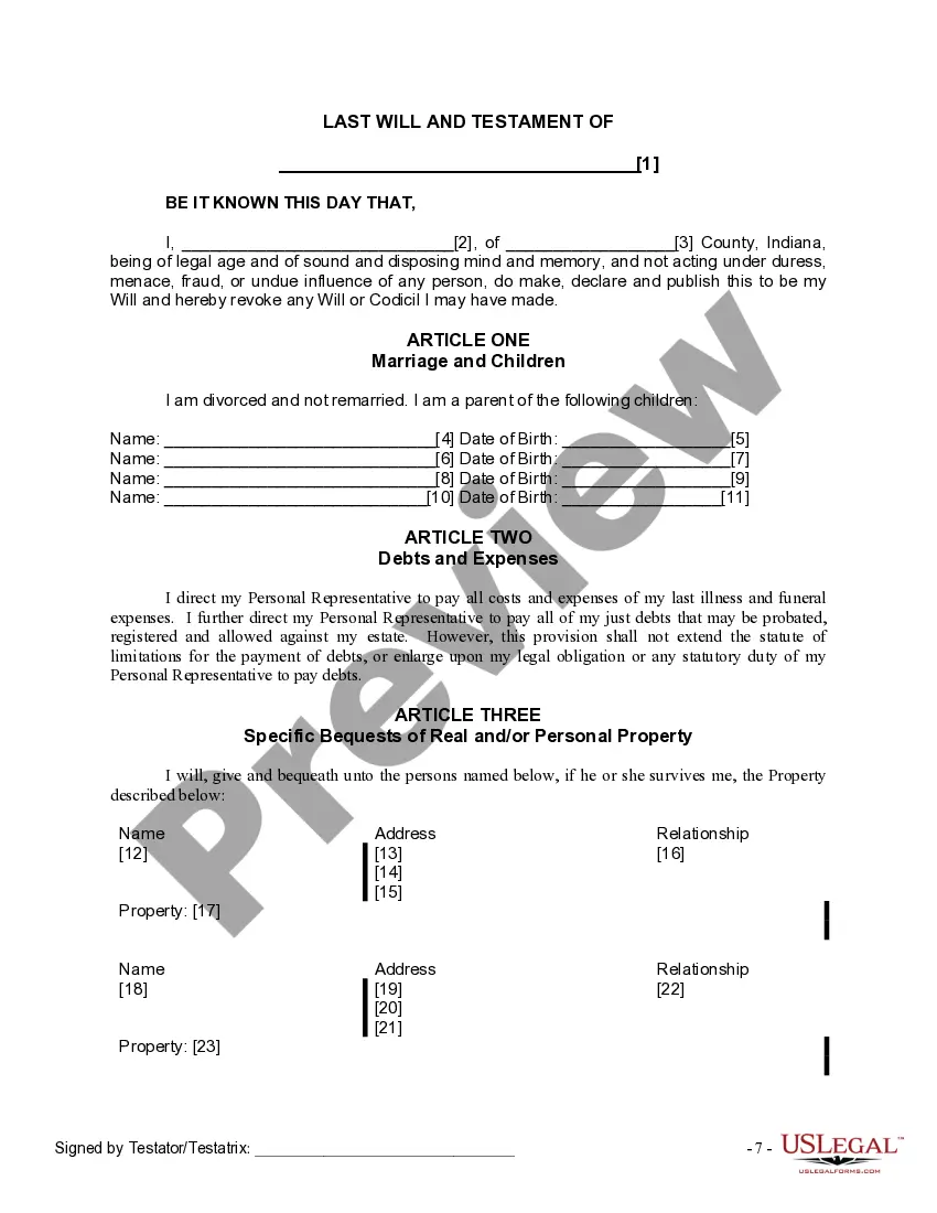 Get Last Will and Testament for Divorced Person Not Remarried with Adult and Minor Children Preview Last Will and Testament for Divorced Person Not Remarried with Adult and Minor Children