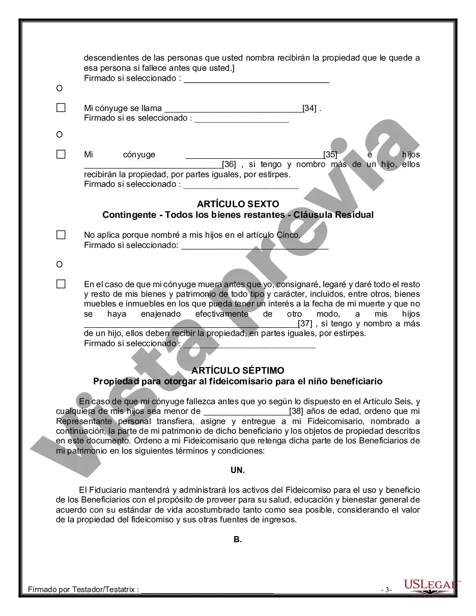 Preview Formulario Legal de Última Voluntad y Testamento para Persona Casada con Hijos Adultos y Menores de Matrimonio Anterior