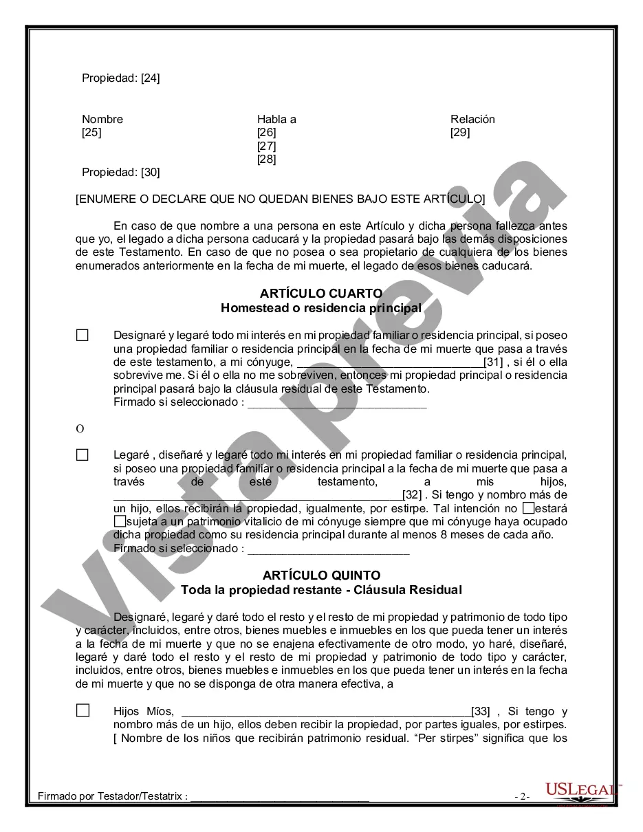 Preview Formulario Legal de Última Voluntad y Testamento para Persona Casada con Hijos Adultos y Menores de Matrimonio Anterior