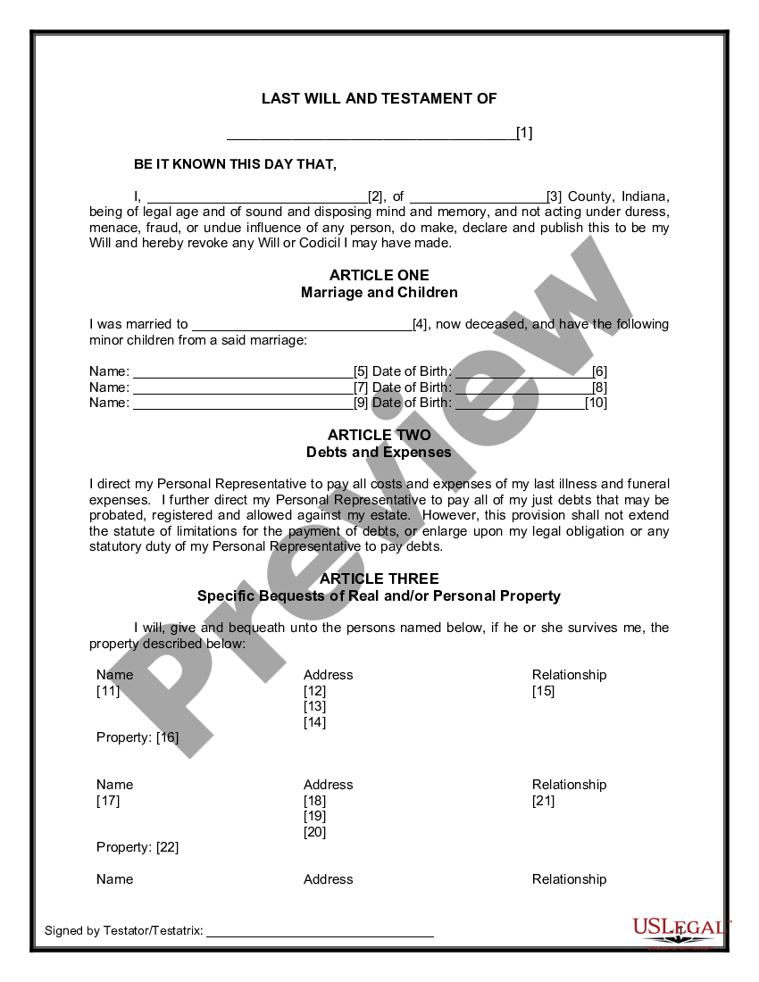 Indiana Legal Last Will And Testament Form For Widow Or Widower With 