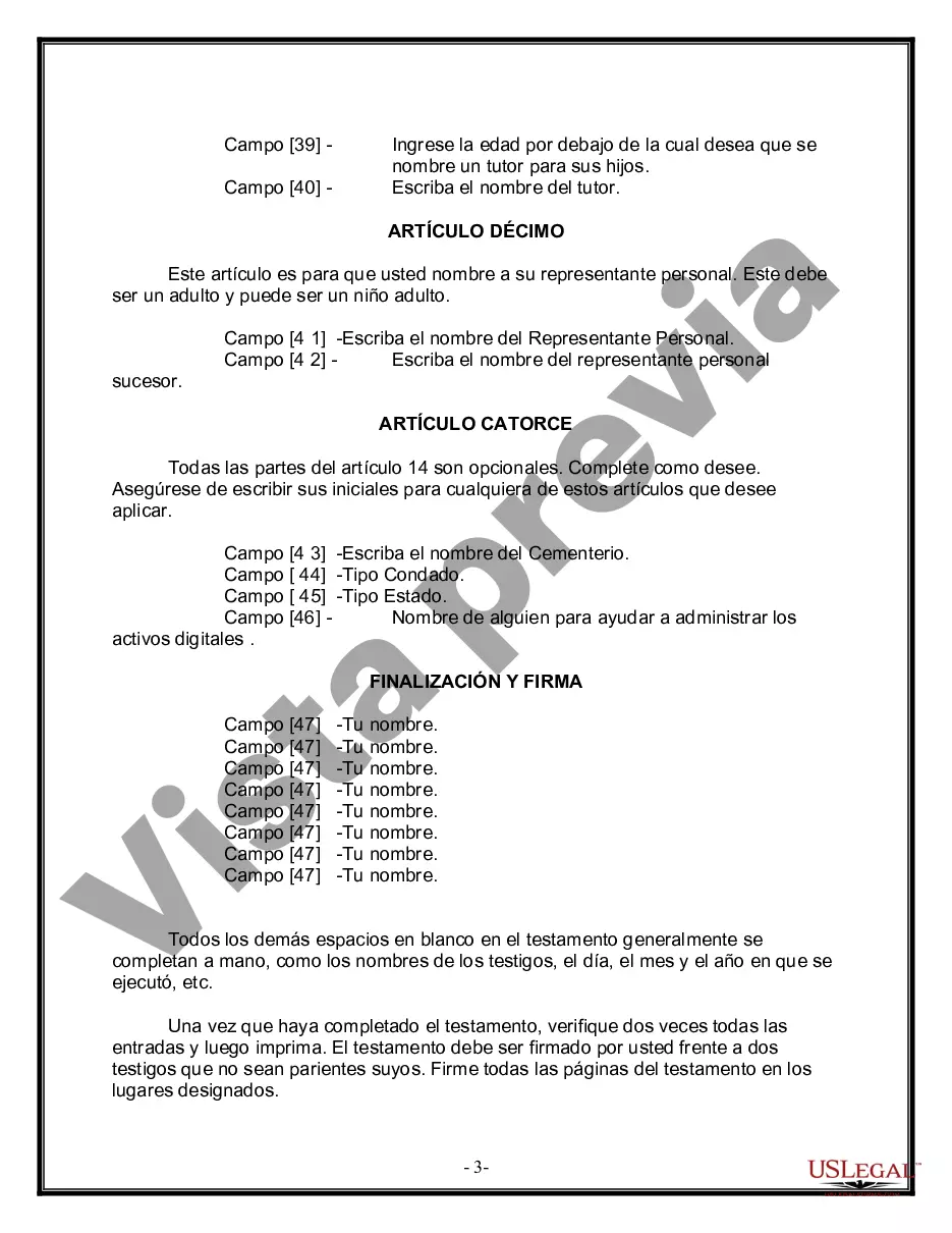 Preview Formulario de última voluntad y testamento legal para una viuda o viudo con hijos adultos y menores