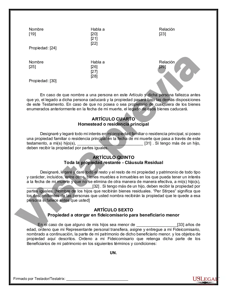Preview Formulario de última voluntad y testamento legal para una viuda o viudo con hijos adultos y menores