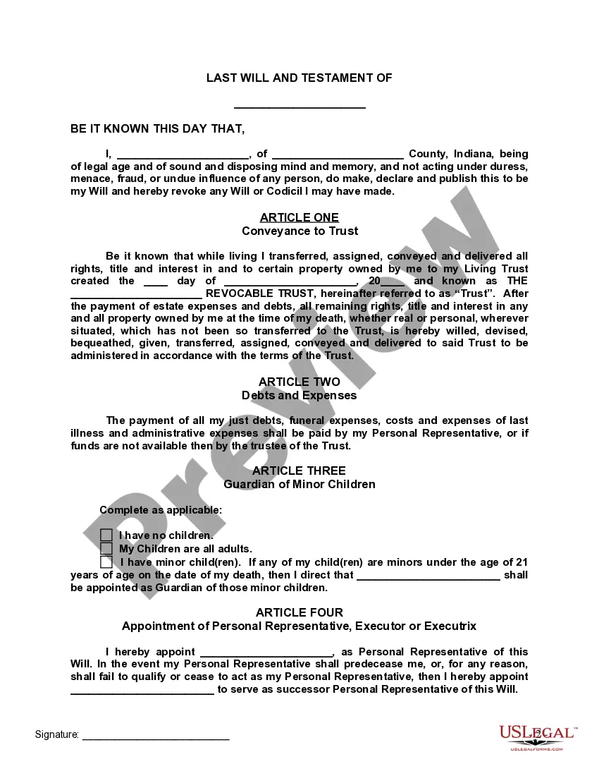 Preview Last Will and Testament with All Property to Trust called a Pour Over Will