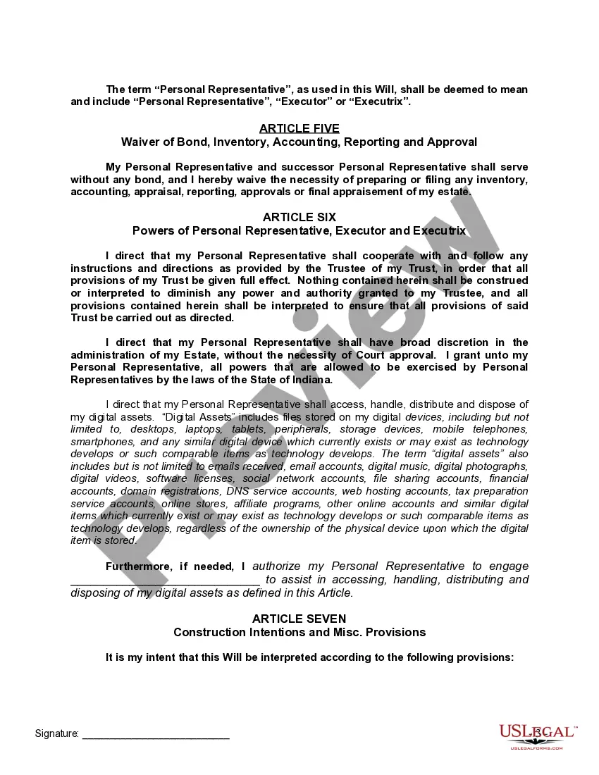 Preview Last Will and Testament with All Property to Trust called a Pour Over Will