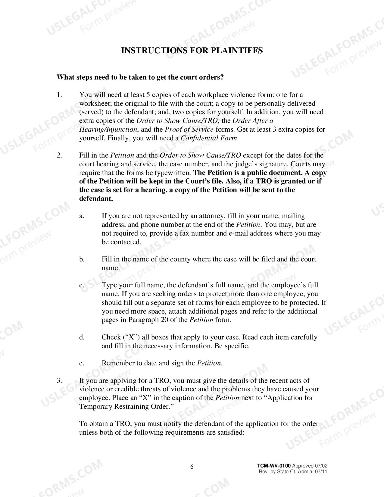 Preview Instructions for Petitions to Prohibit Workplace Violence