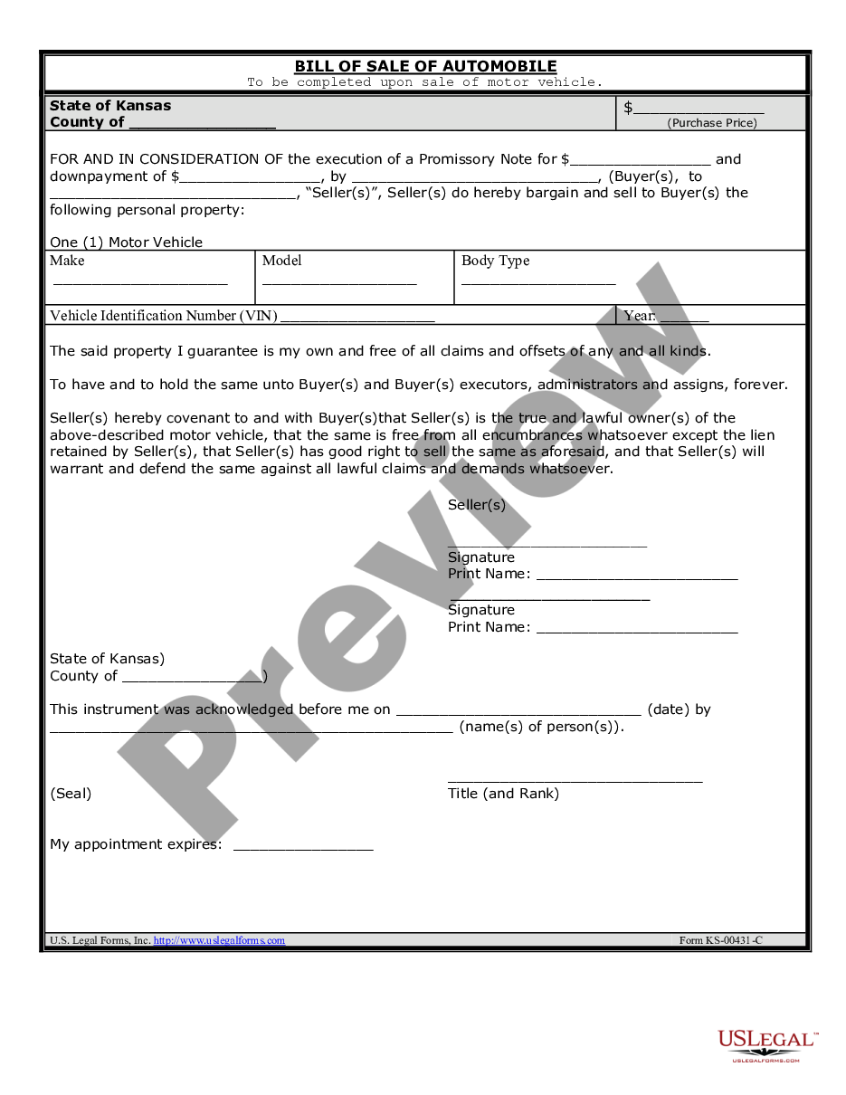 page 0 Bill of Sale for Automobile or Vehicle including Odometer Statement and Promissory Note preview