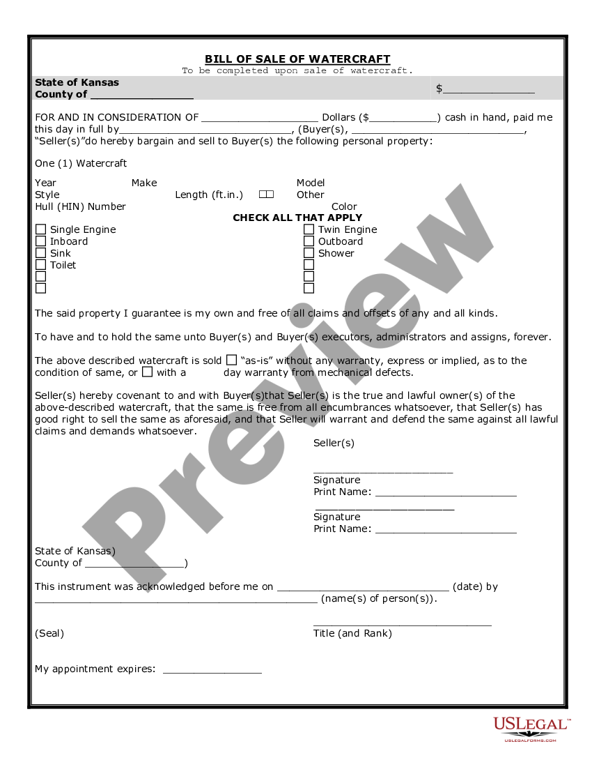 Kansas Bill Of Sale For Watercraft Or Boat Bill Sale Boat Us Legal Forms 4568