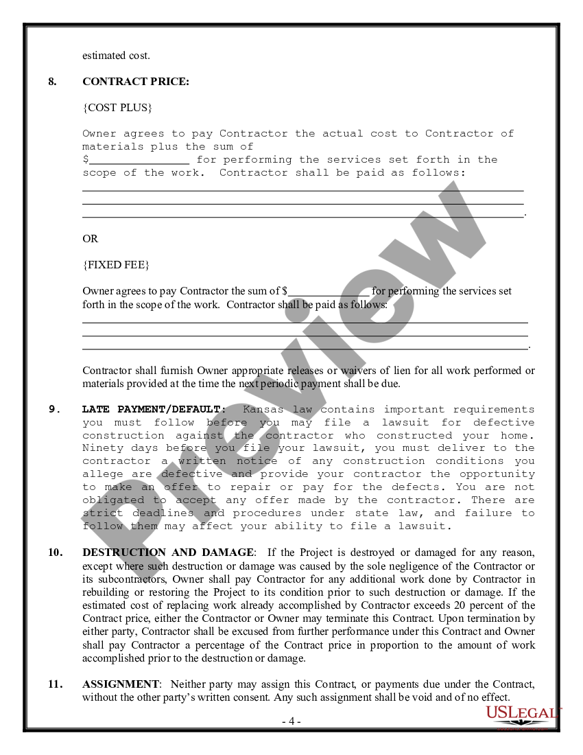 Kansas Framing Contract for Contractor | US Legal Forms