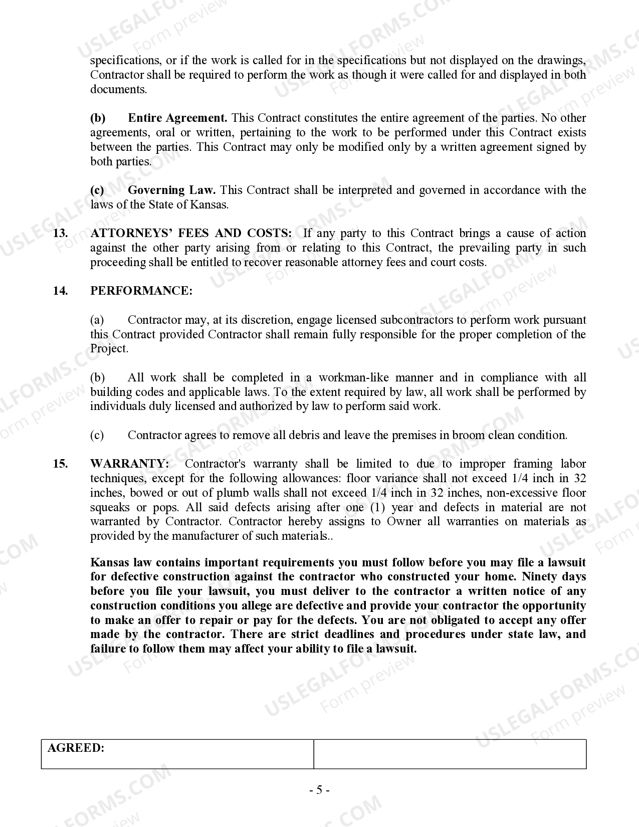 Kansas Framing Contract for Contractor US Legal Forms