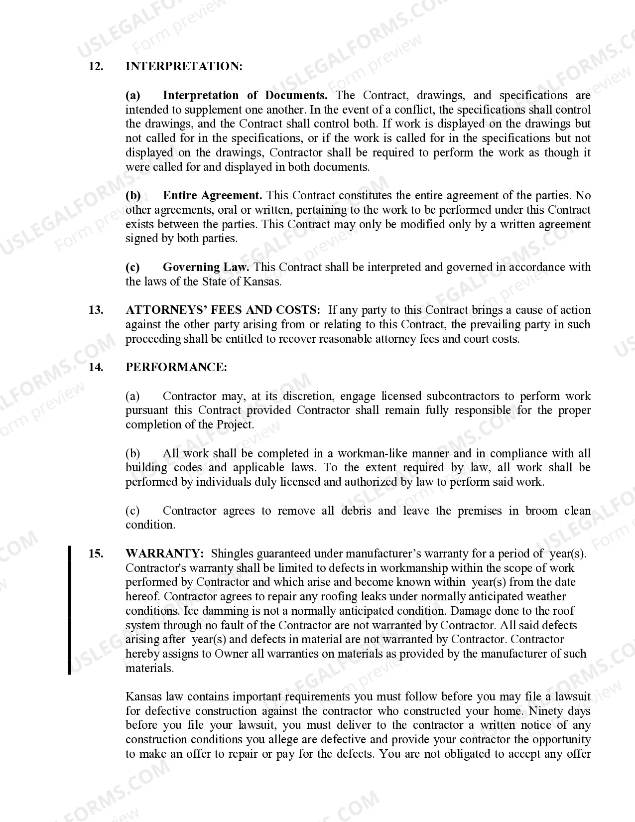 Preview Roofing Contract for Contractor