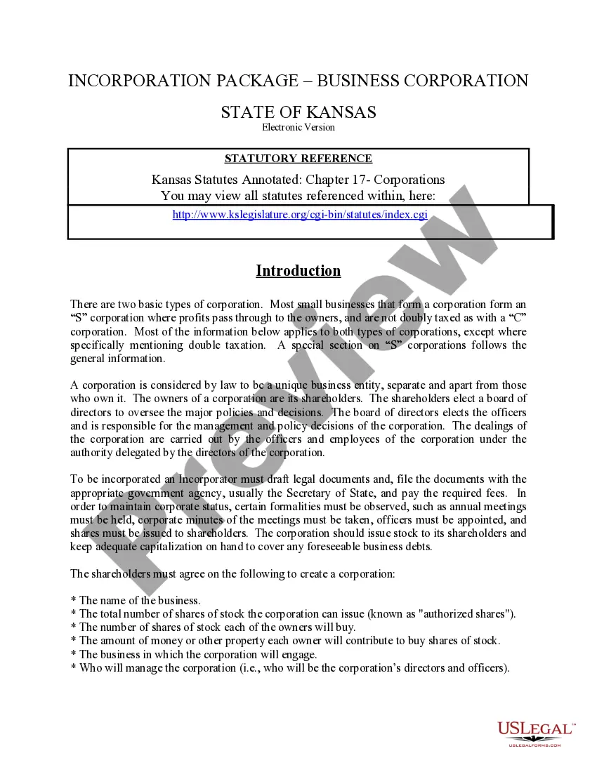 Preview Kansas Business Incorporation Package to Incorporate Corporation