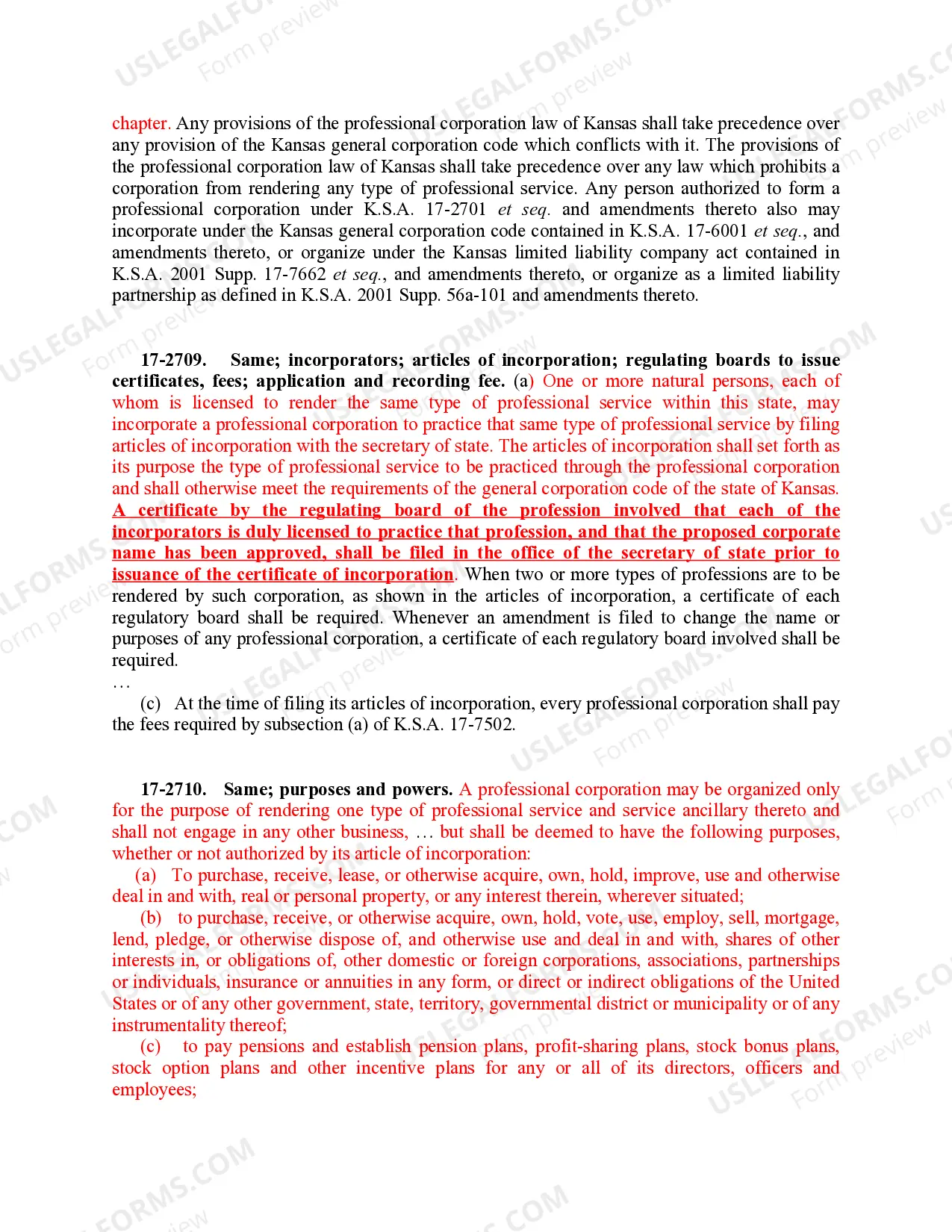Preview Professional Corporation Package for Kansas