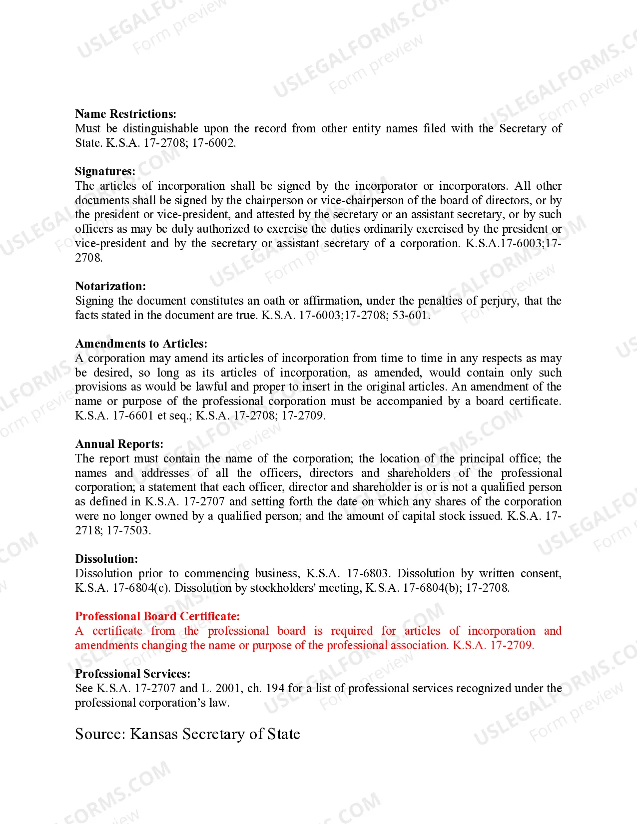 Preview Professional Corporation Package for Kansas