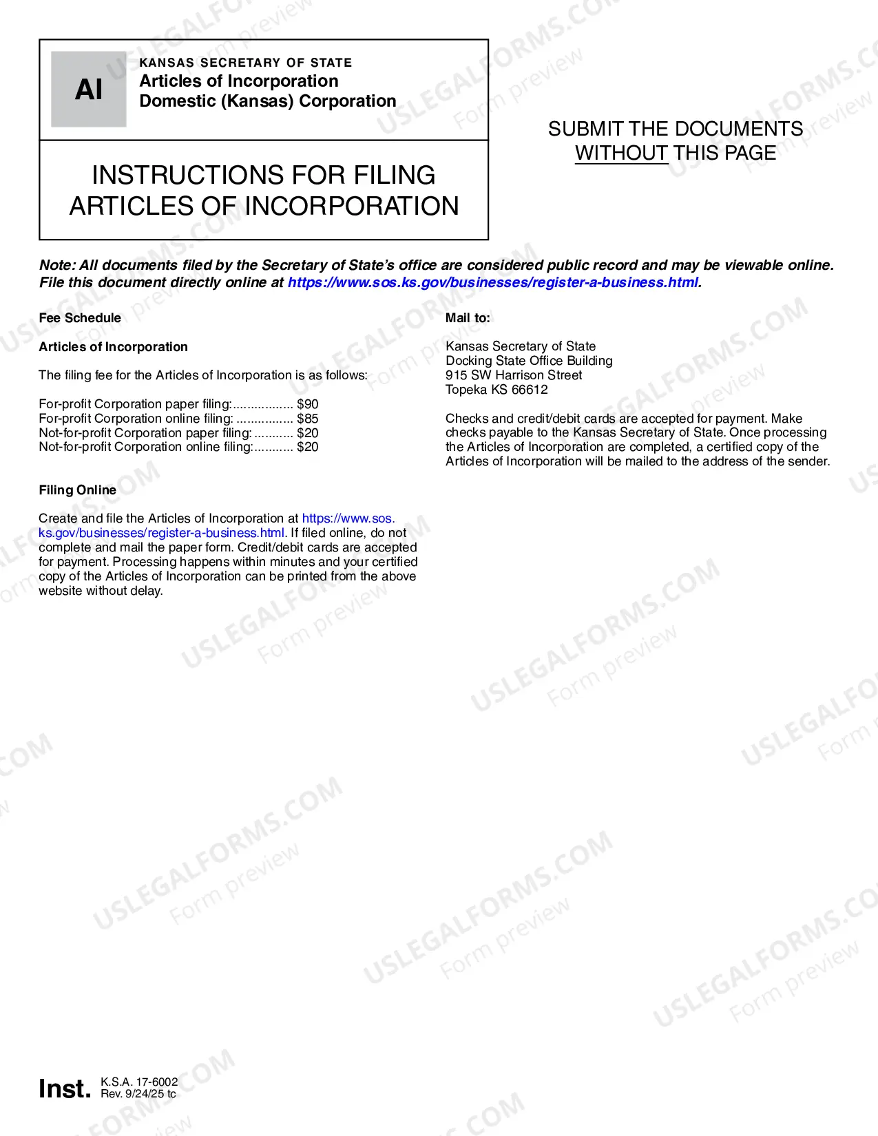 Preview Kansas Articles of Incorporation for Domestic For-Profit Corporation