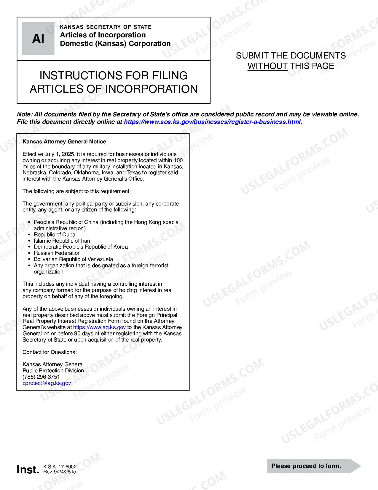 Preview Kansas Articles of Incorporation for Domestic For-Profit Corporation