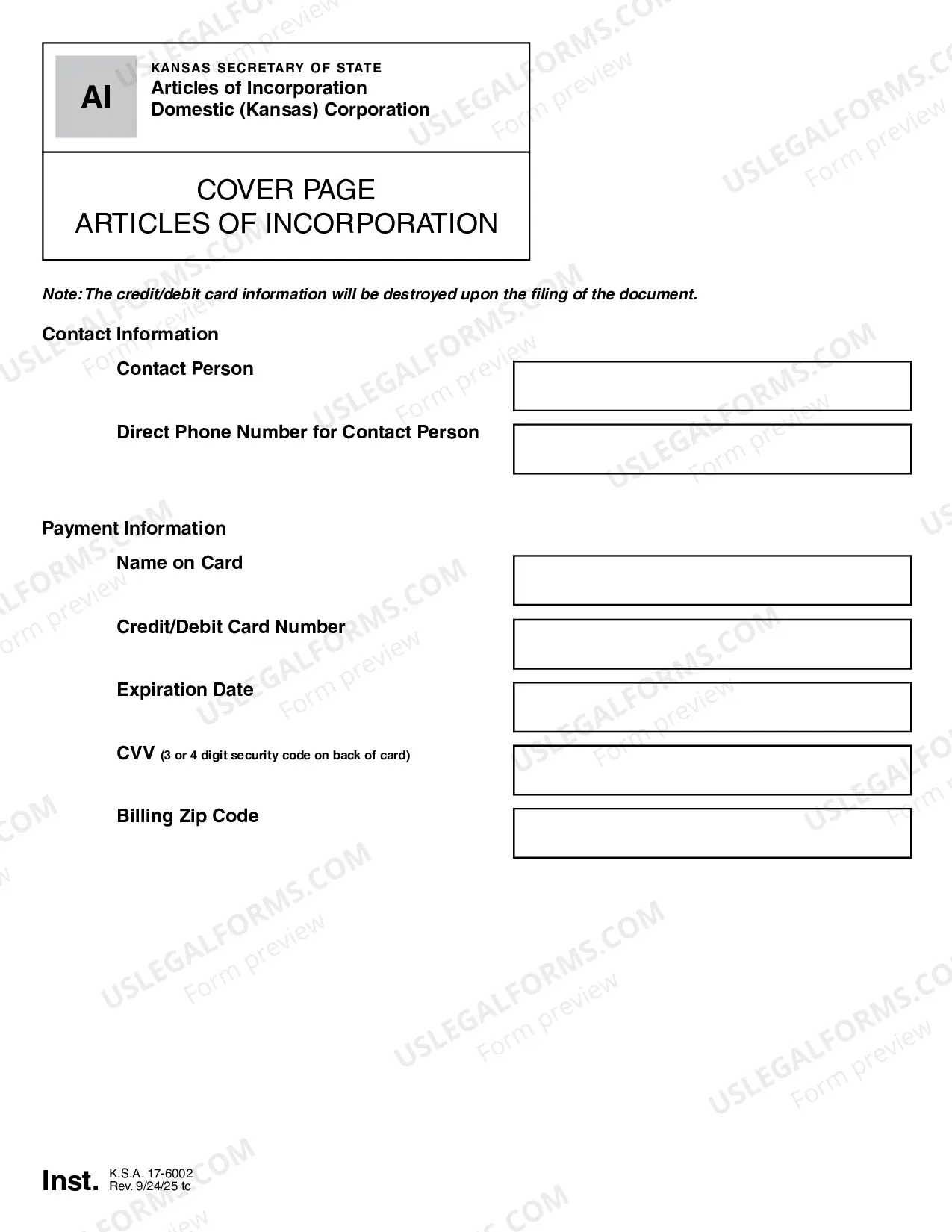 Preview Kansas Articles of Incorporation for Domestic For-Profit Corporation