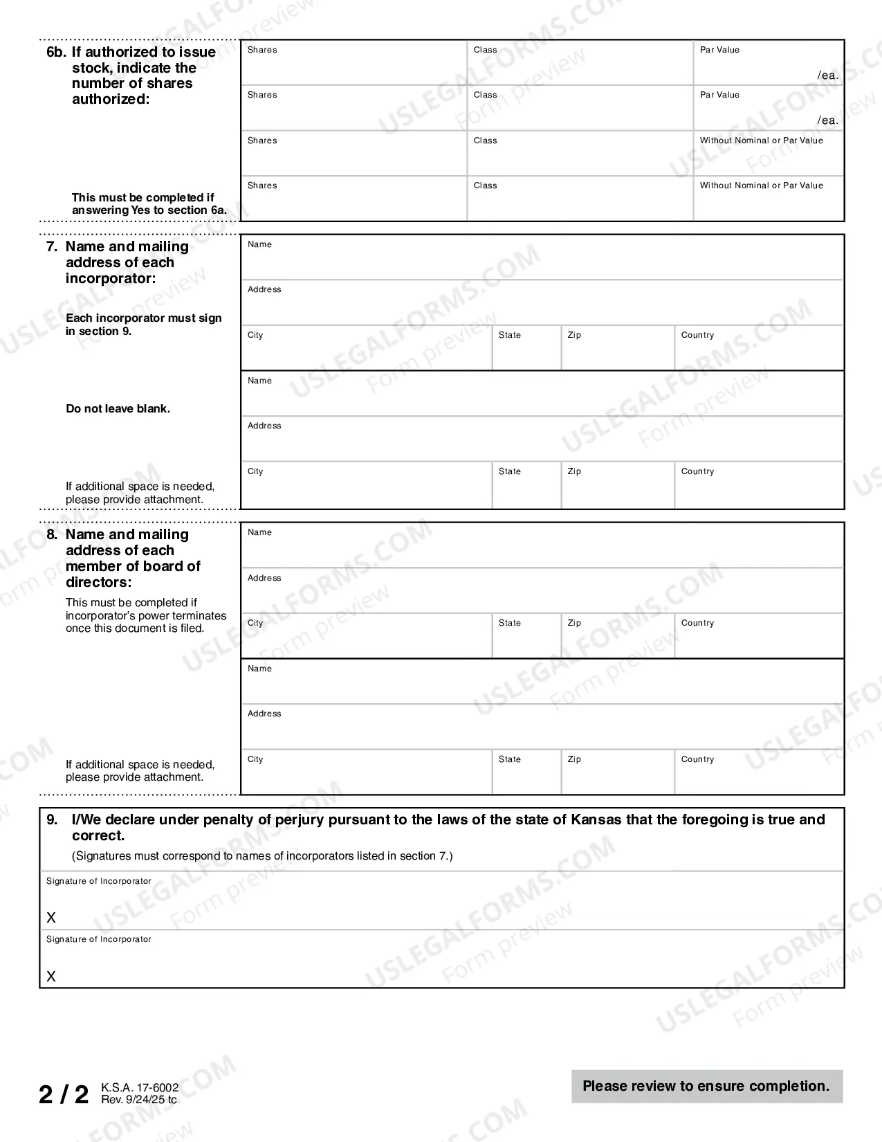 Preview Kansas Articles of Incorporation for Domestic For-Profit Corporation