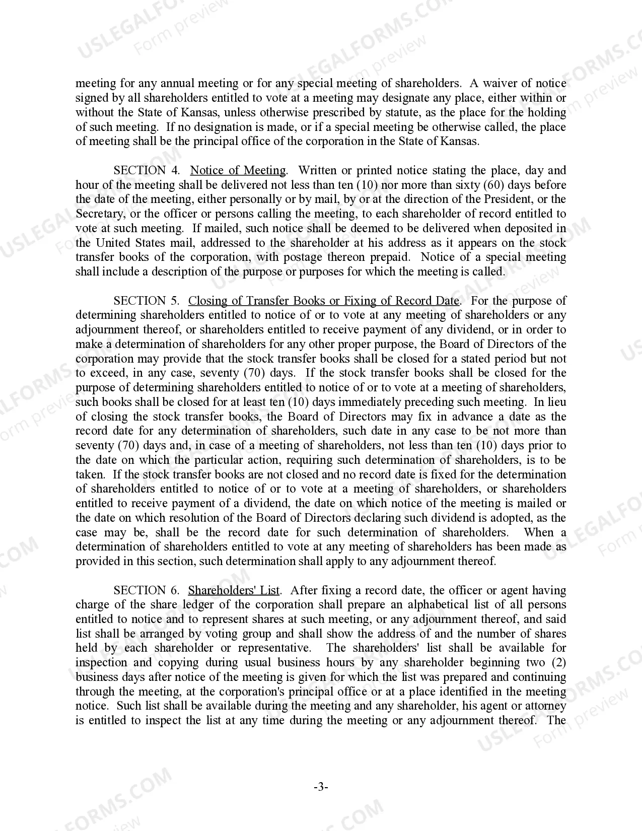 Preview Kansas Bylaws for Corporation