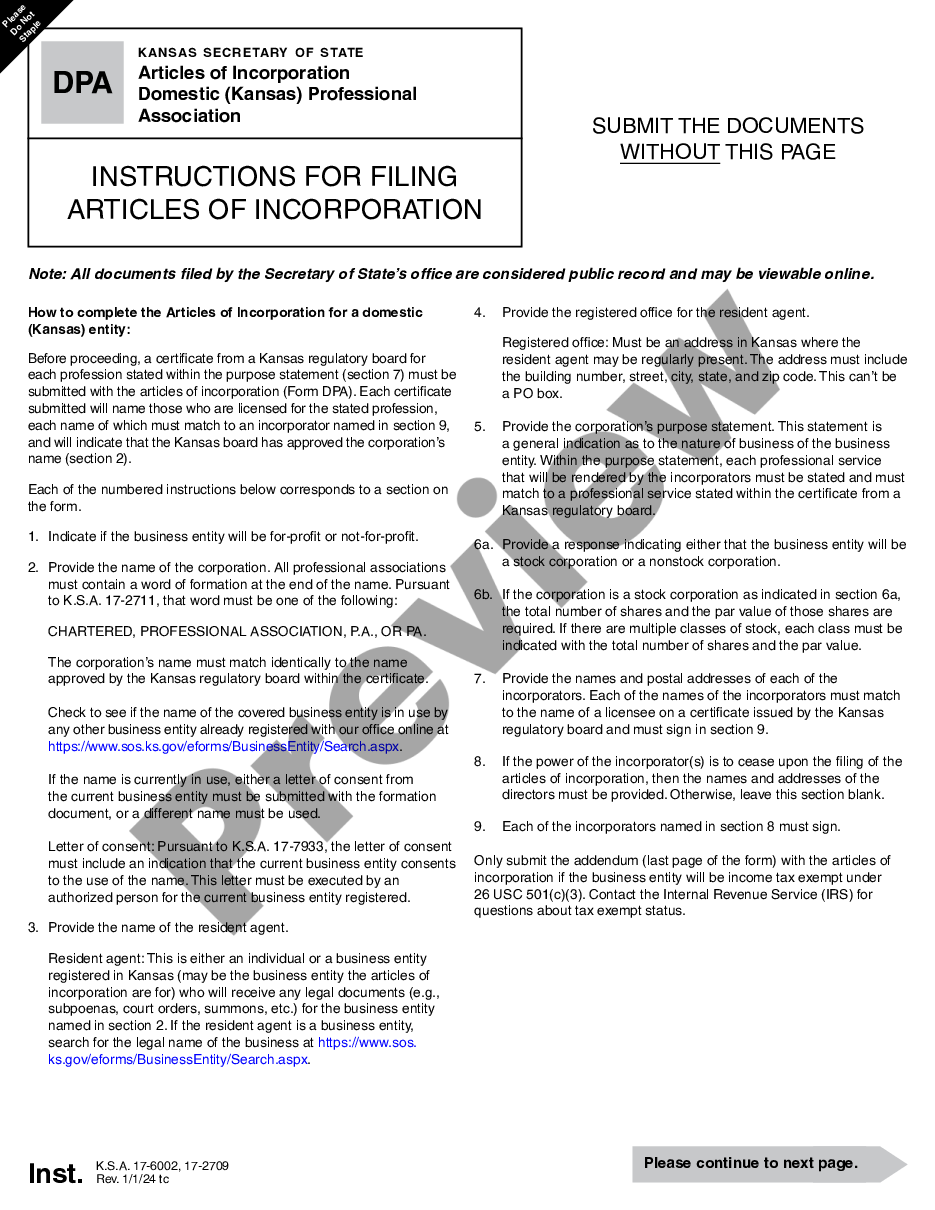 page 0 Kansas Articles of Incorporation for Professional Corporation preview