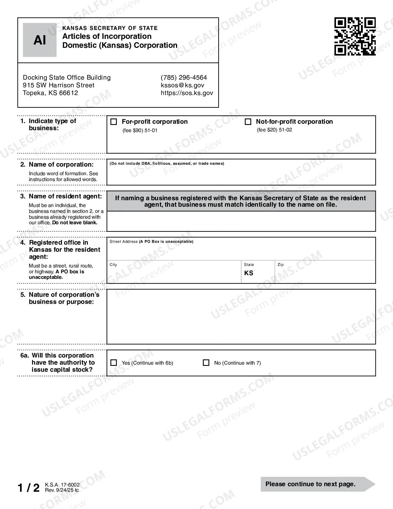 Preview Kansas Articles of Incorporation for Domestic Nonprofit Corporation