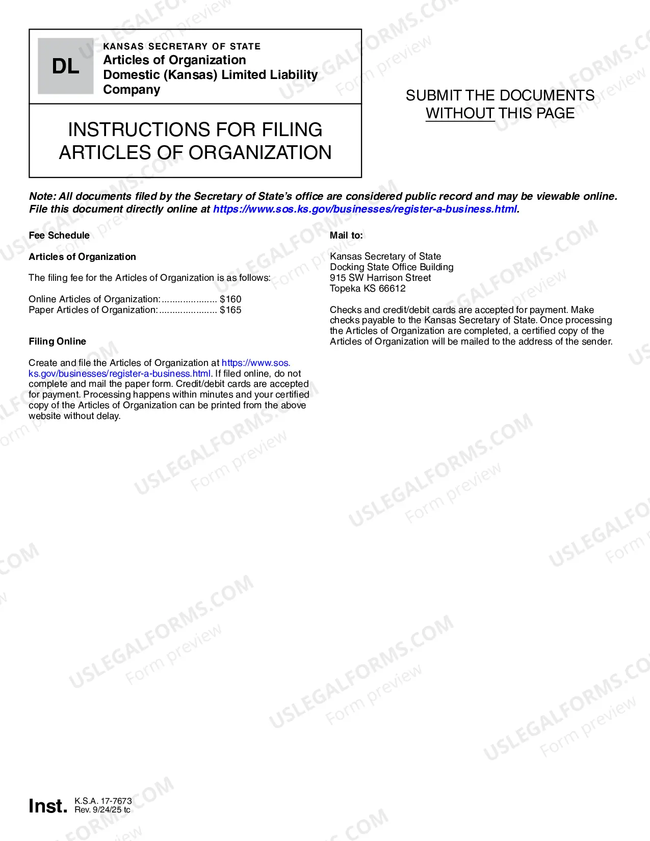 Preview Kansas Articles of Organization for Domestic Limited Liability Company LLC