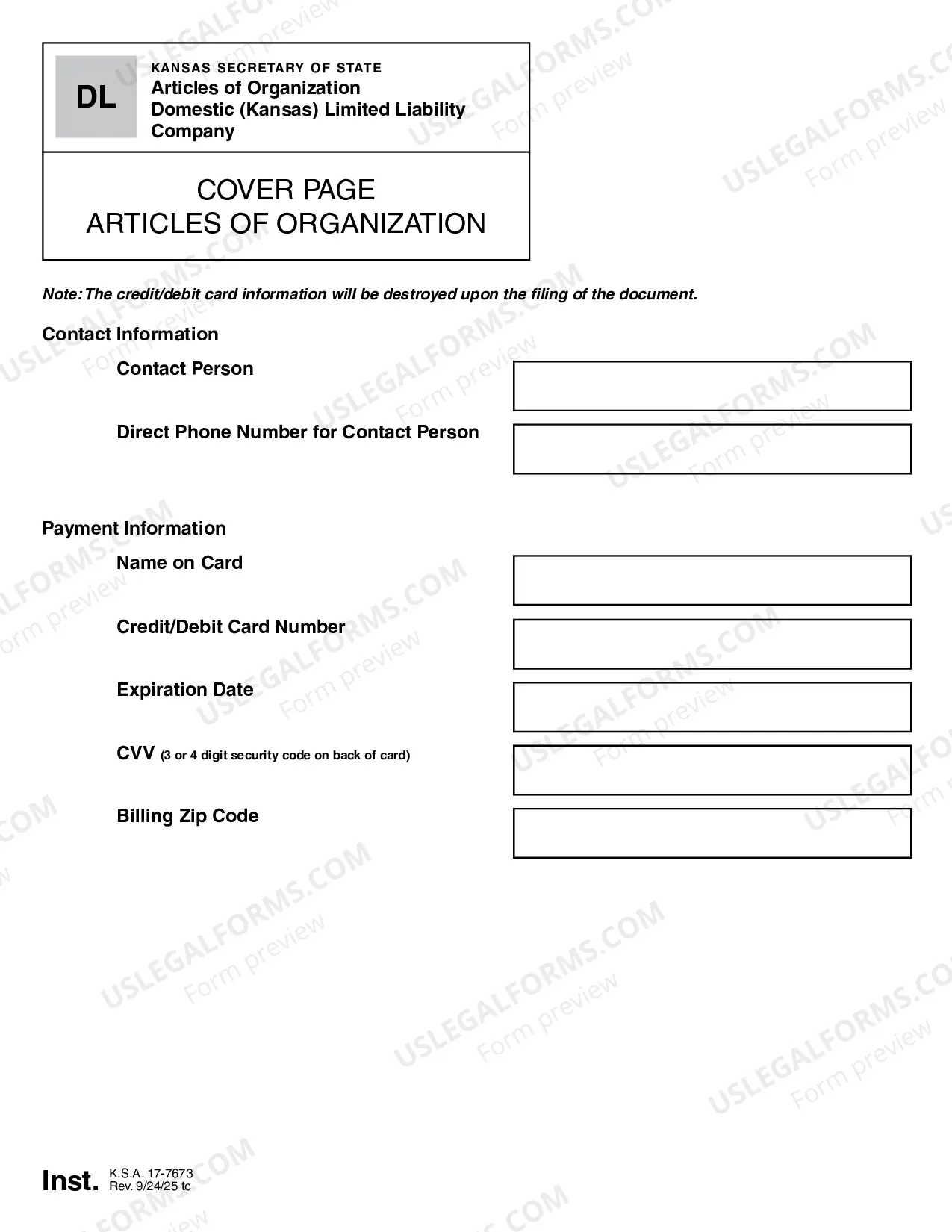 Preview Kansas Articles of Organization for Domestic Limited Liability Company LLC