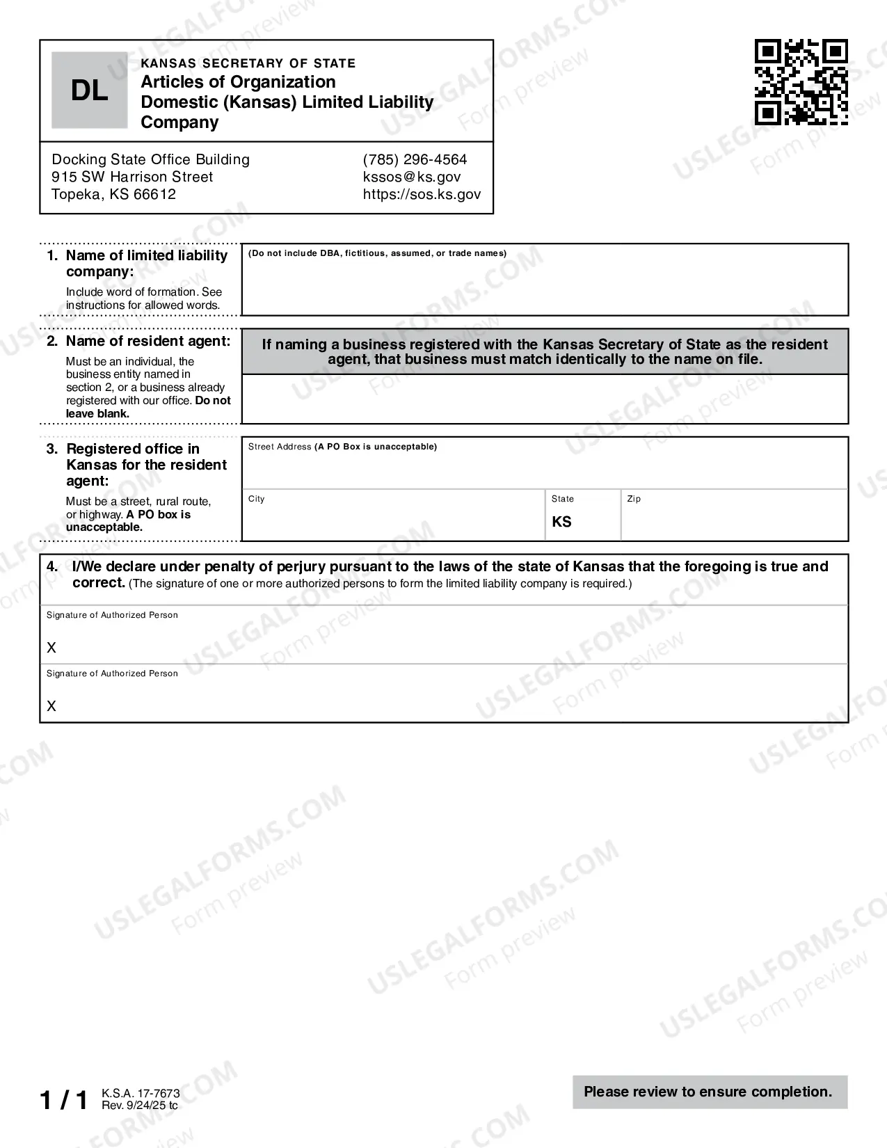 Preview Kansas Articles of Organization for Domestic Limited Liability Company LLC