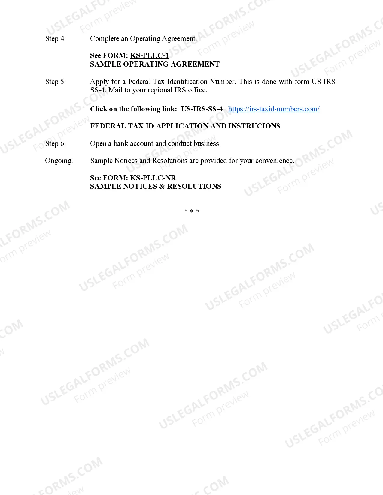 Preview Kansas Professional Limited Liability Company PLLC Formation Package