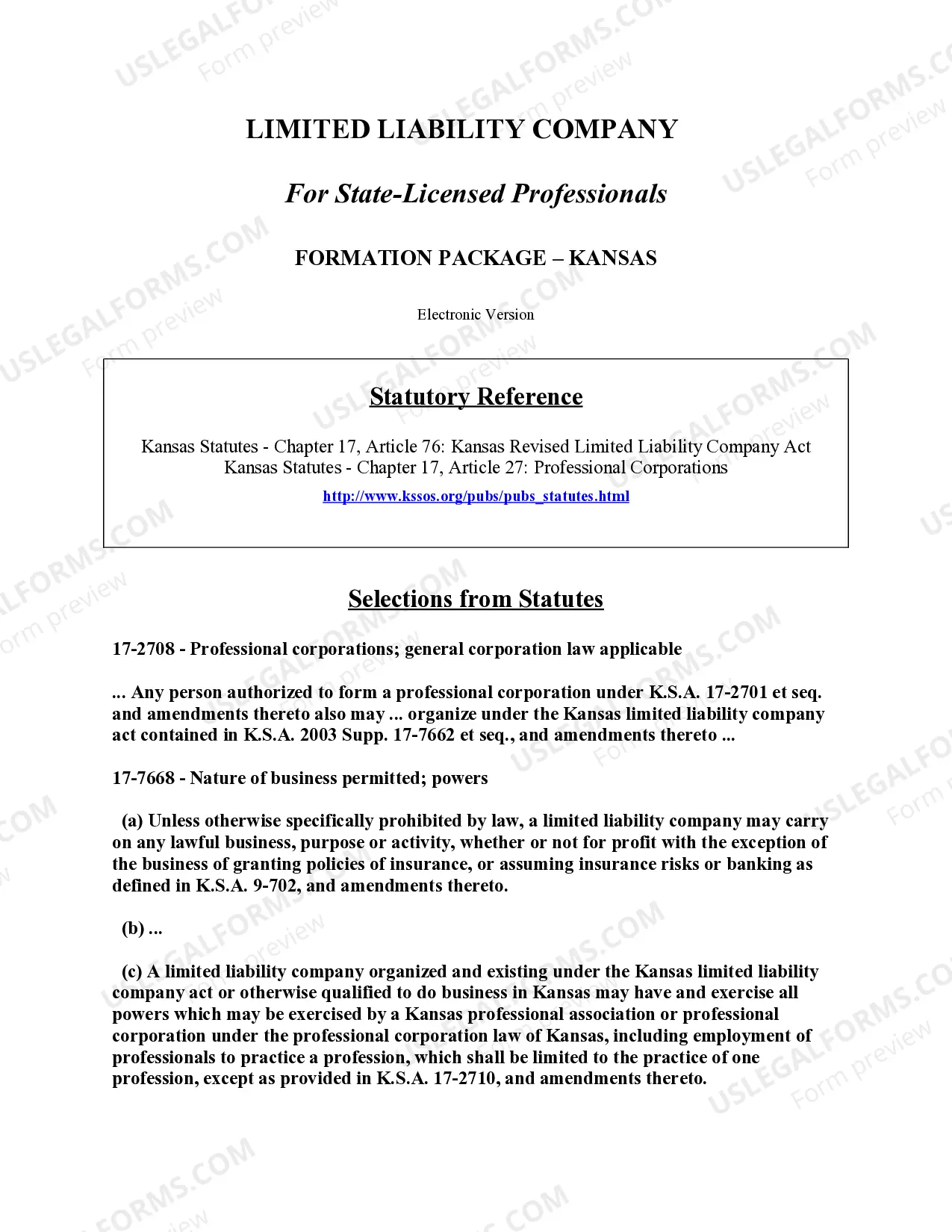 Preview Kansas Professional Limited Liability Company PLLC Formation Package