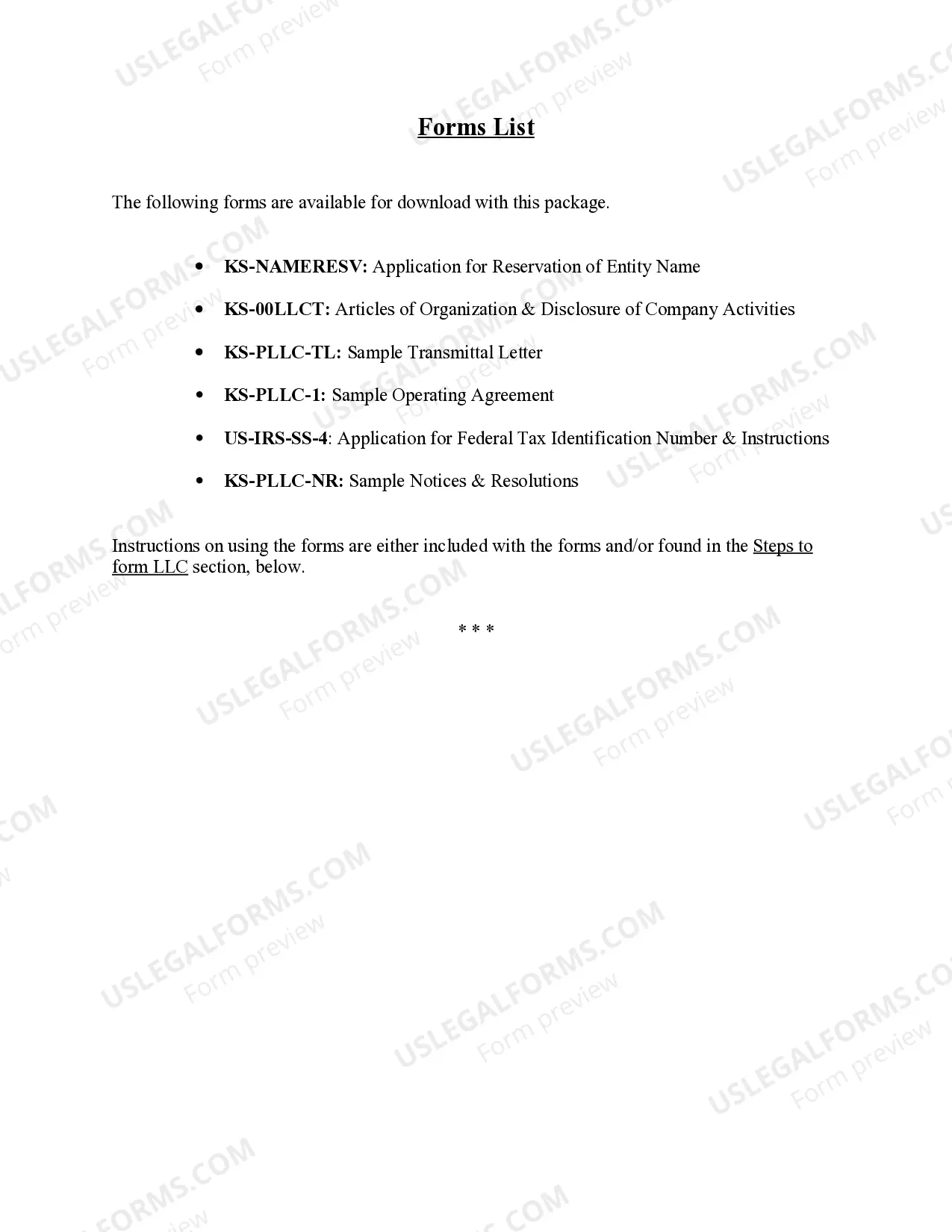 Preview Kansas Professional Limited Liability Company PLLC Formation Package