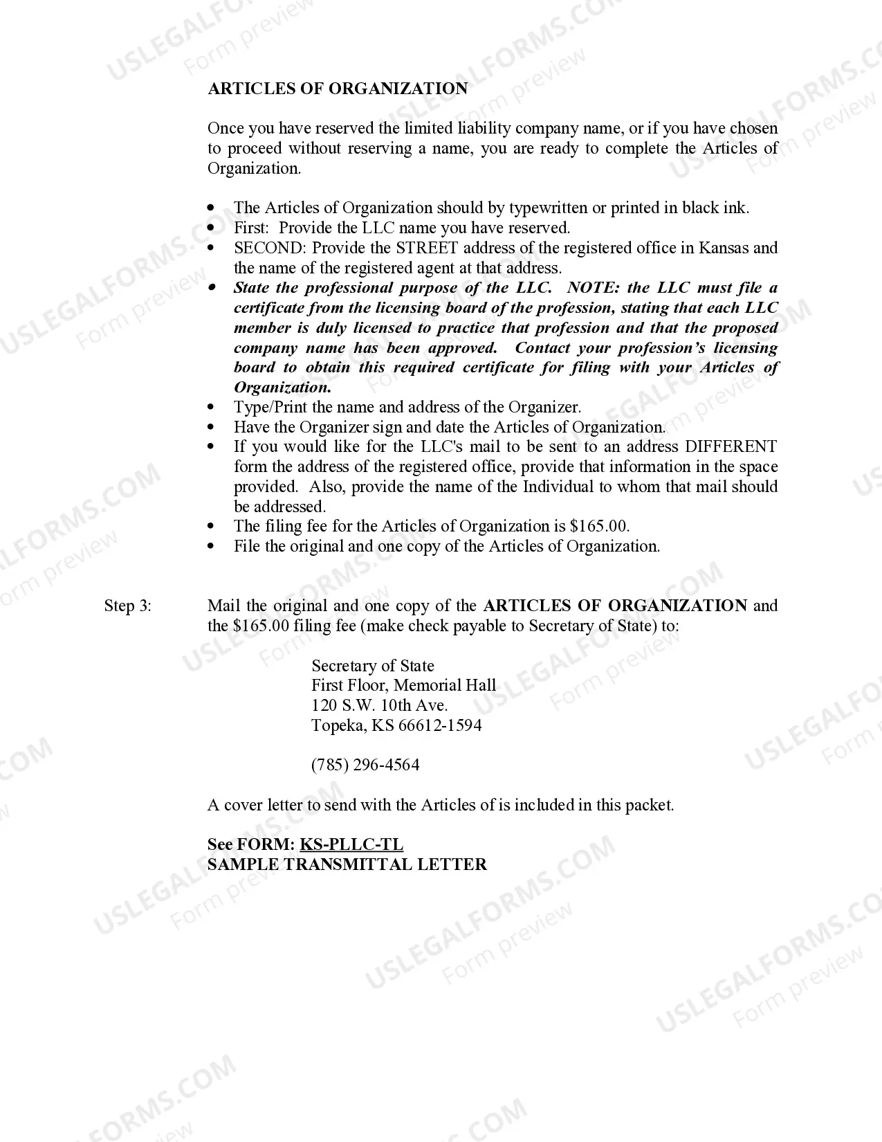 Preview Kansas Professional Limited Liability Company PLLC Formation Package