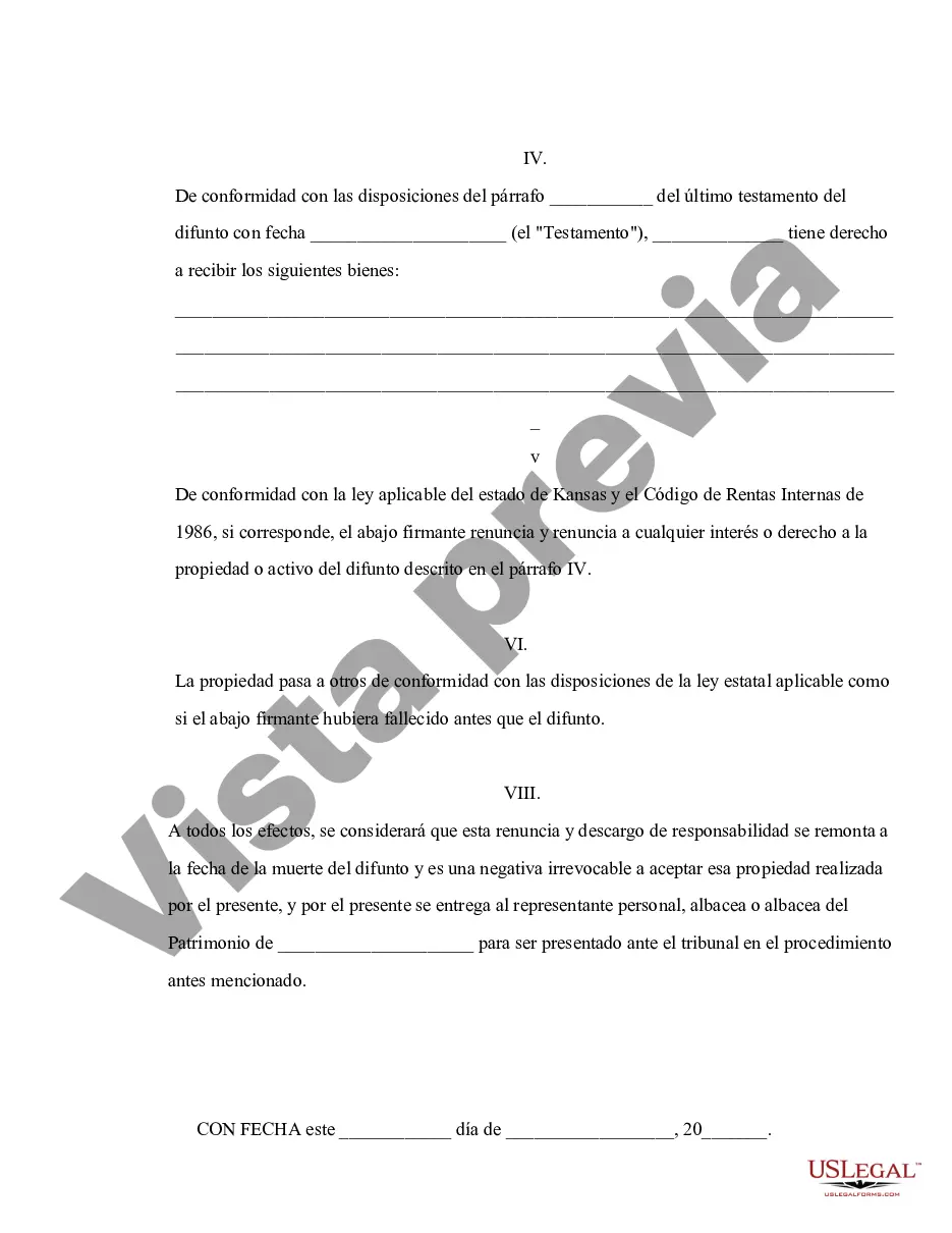 Preview Renuncia y descargo de responsabilidad de la propiedad de Kansas por testamento por testamento