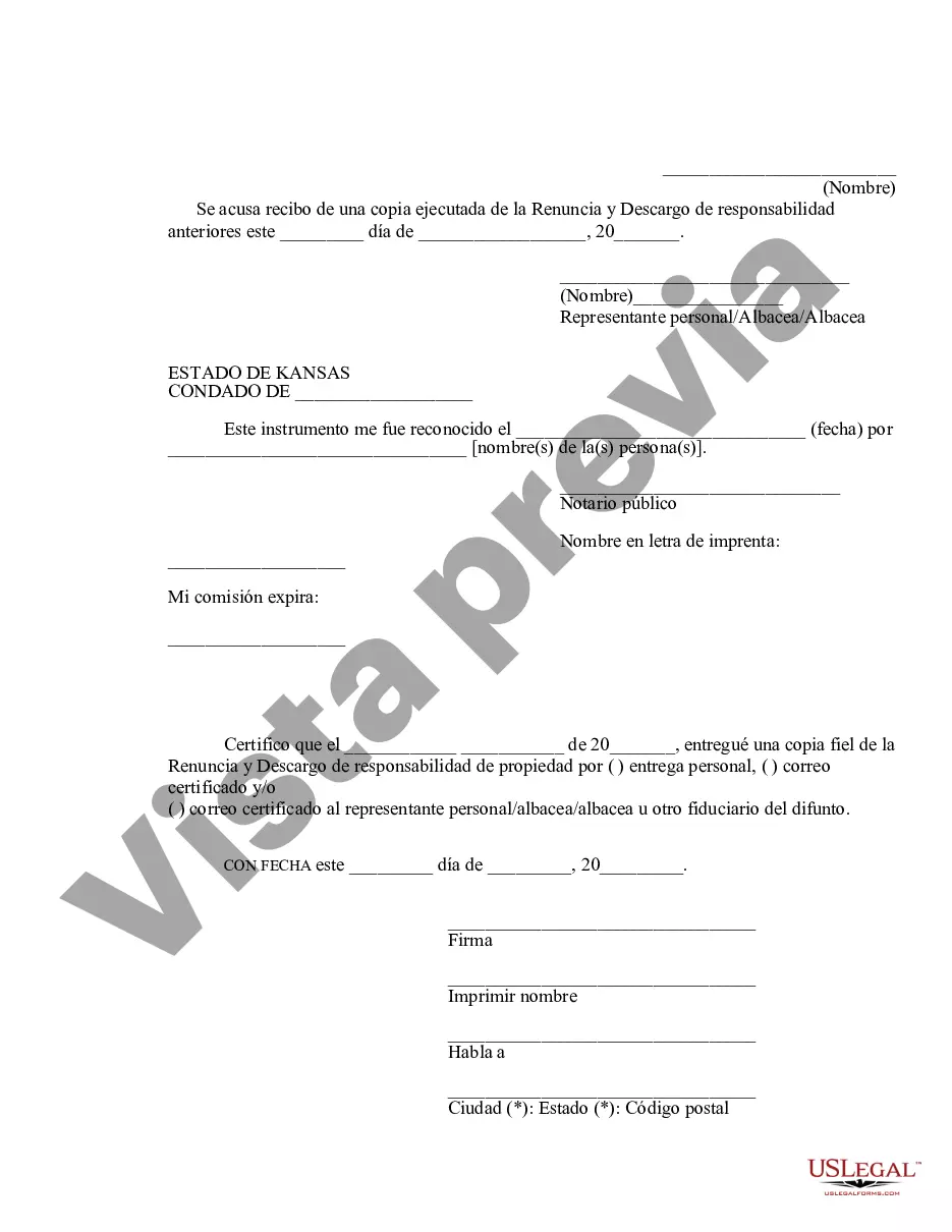Preview Renuncia y descargo de responsabilidad de la propiedad de Kansas por testamento por testamento