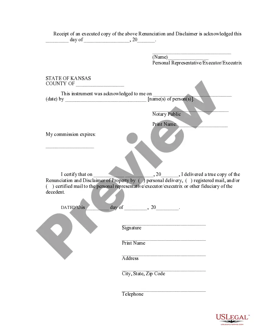 Get Kansas Renunciation and Disclaimer of Property from Will by Testate Preview Kansas Renunciation and Disclaimer of Property from Will by Testate