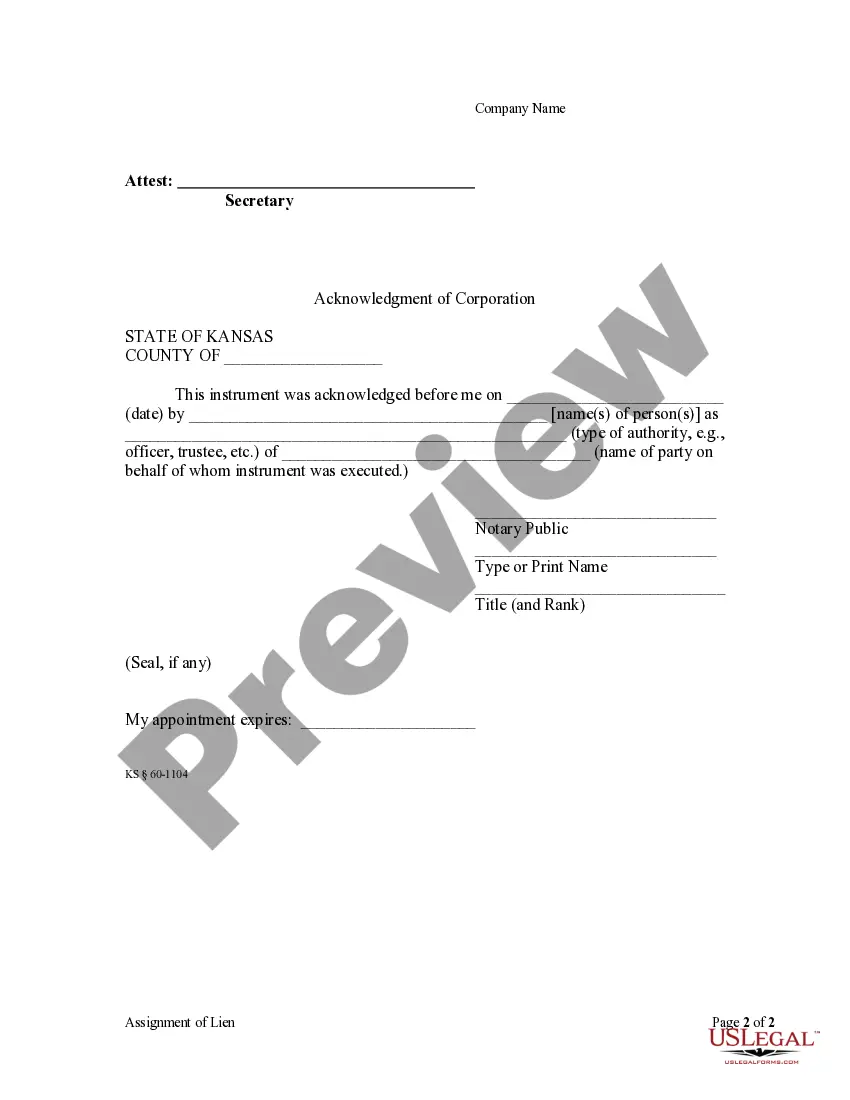 Preview Assignment of Lien - Corporation or LLC