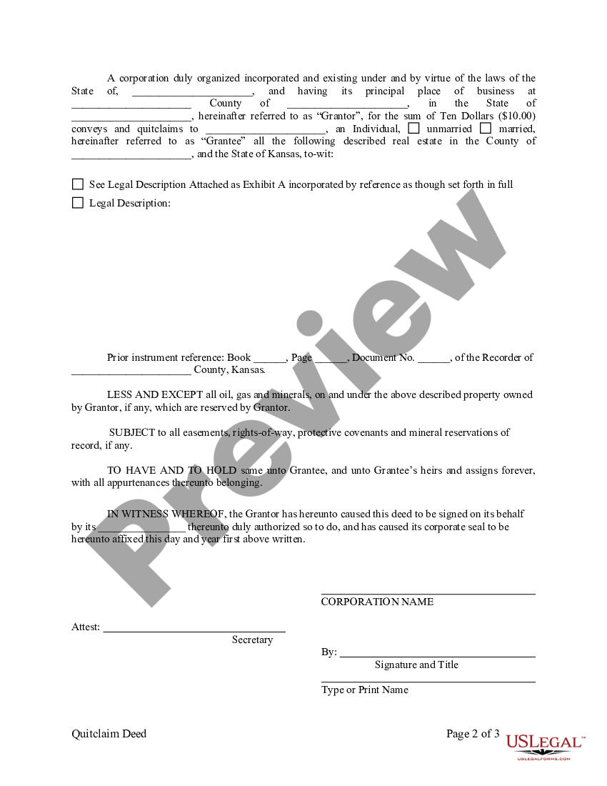 Kansas Quitclaim Deed from Corporation to Individual | US Legal Forms