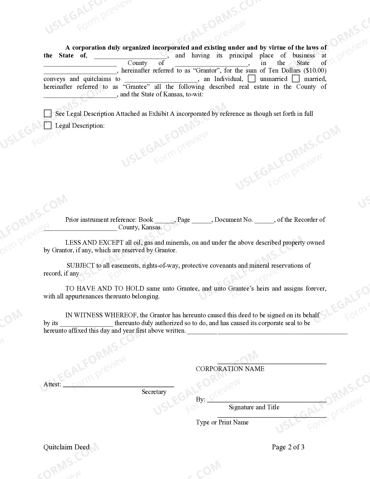 Preview Quitclaim Deed from Corporation to Individual